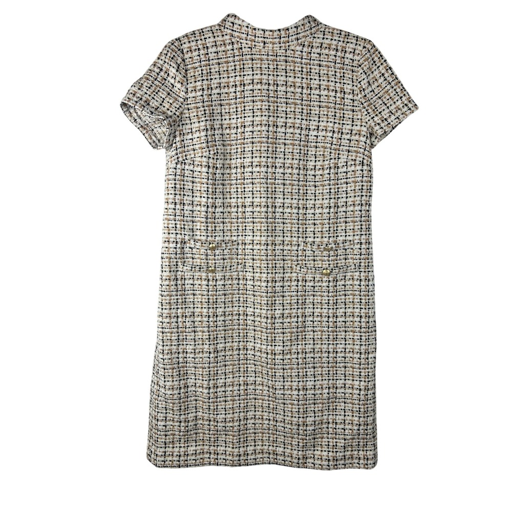 Talbots Tweed Mockneck Dress Tan Black White Plaid Short Sleeve Petite 6P NEW